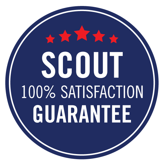 Blue logo with Scout 100% Satisfaction Guarantee in white letters and red stars