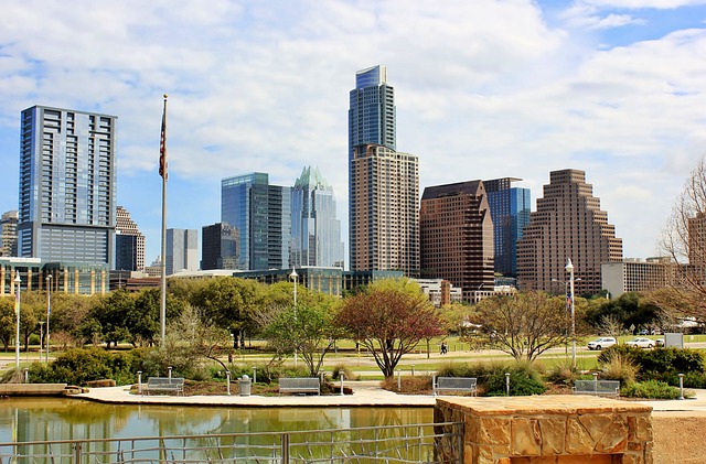 City skyline of Austin on a sunny day with park in foreground