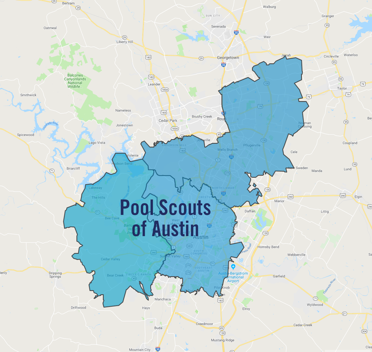 Map highlighting the areas that Pool Scouts of Austin services