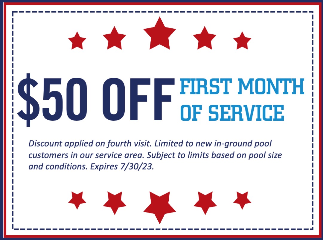 Coupon highlighting $50 off first month over service with Pool Scouts of Cedar Park
