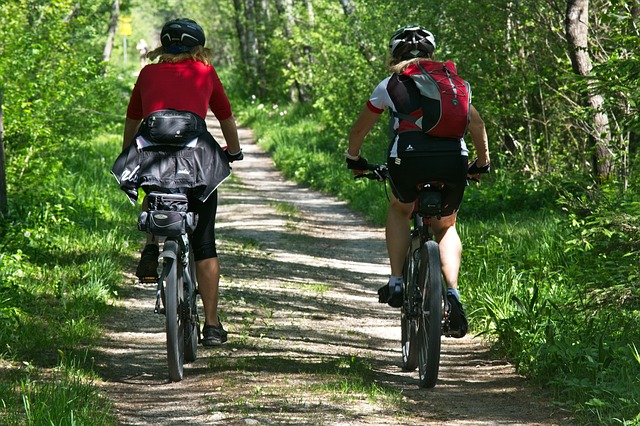Two people biking on a path through the woods