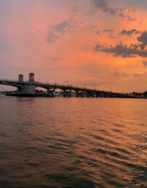 Sunset over the water with the bridge in St. Johns County