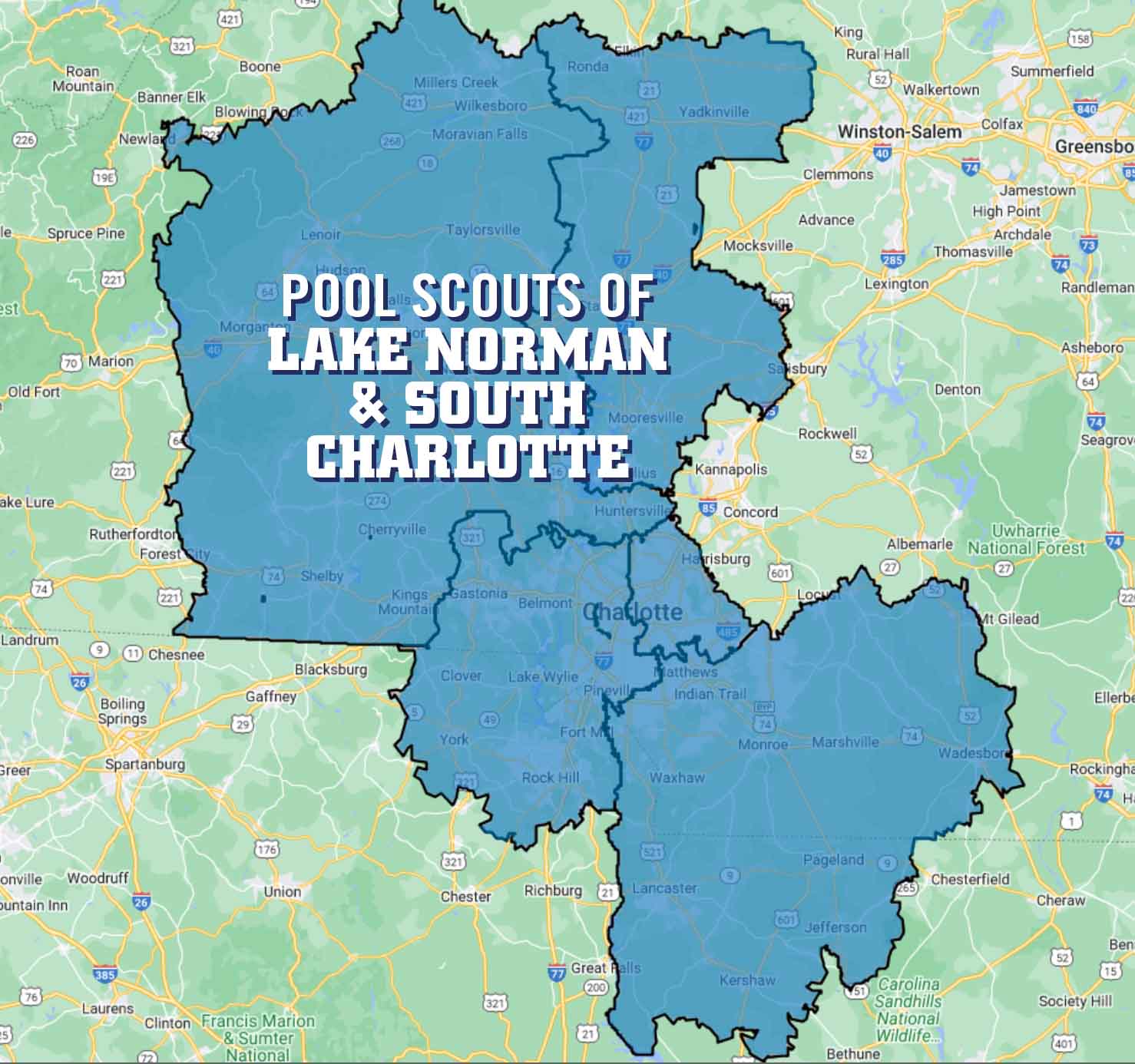 Map highlighting the locations that Pool Scouts of Lake Norman and South Charlotte services