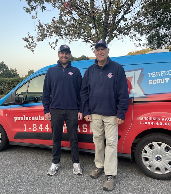 Father and son Pool Scouts owners Jeff and Sam Horn smiling in front of Pool Scouts van