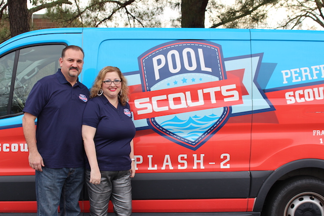 Joe and Laura Golio in front of Pool Scouts van