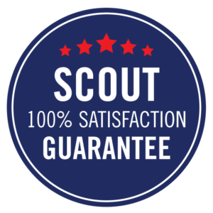 Blue logo with Scout 100% Satisfaction Guarantee in white letters and red stars