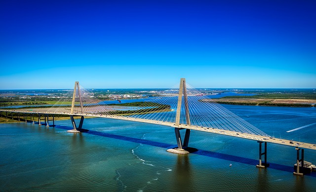 Aerial shot of Ravenel Bridge over Cooper River in South Carolina