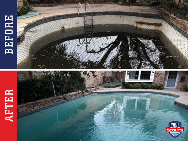 A pool at a foreclosed house before and after a cleaning service