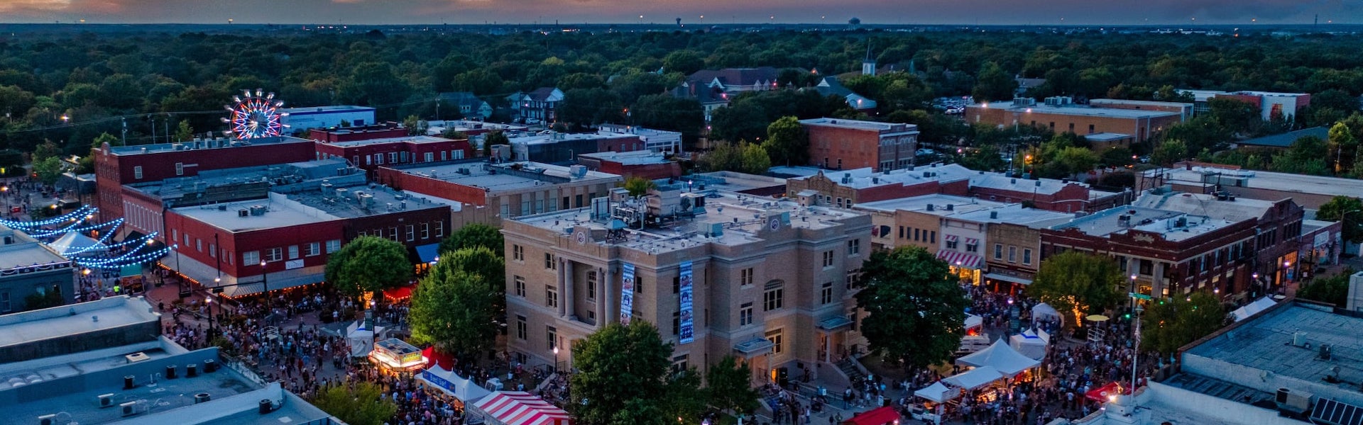 Aerial view of McKinney, TX during a festival