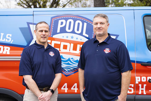 Pool Scouts owners Christian and Nathan standing in front of Pool Scouts van