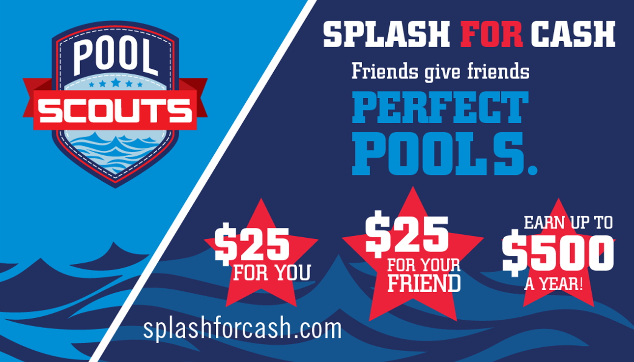 Splash for Cash Coupon on blue background with waves and white letters with red stars saying $25 for you, $25 for your friend
