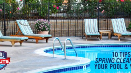 Backyard with a swimming pool and lounge chairs