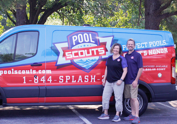 Pool Scouts owners Michelle and Steve in front of Pool Scouts van