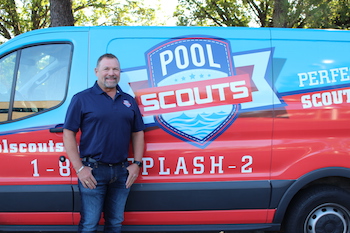 Pool Scouts franchisee standing in front of Pool Scouts van