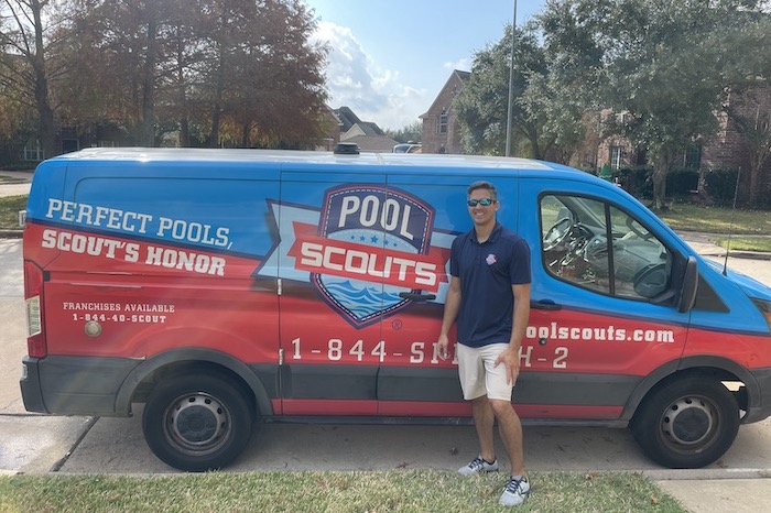 Pool Scouts of North Houston & The Woodlands Franchise Owner in front of a Pool Scouts van