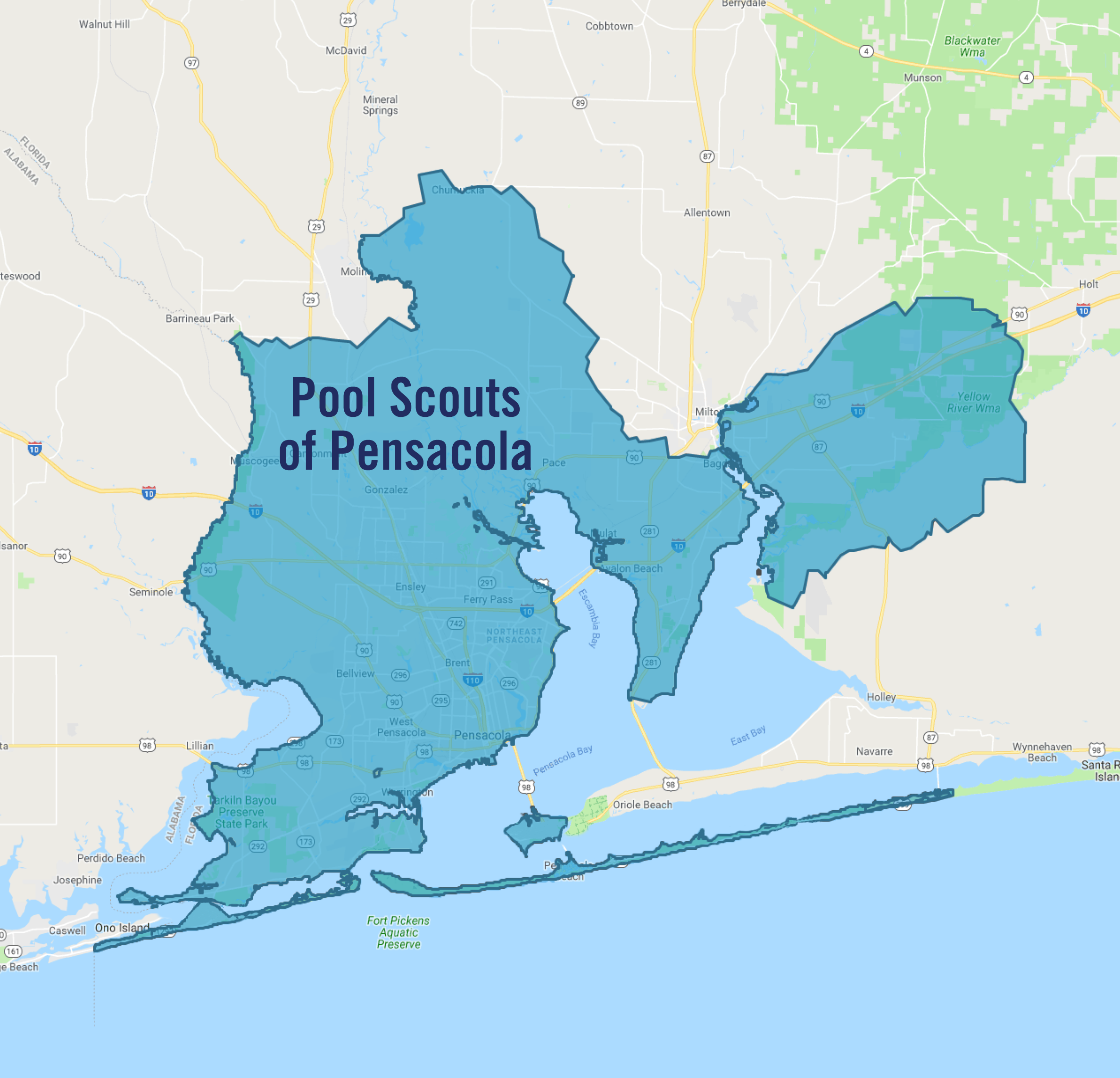 Map of the territories that Pool Scouts of Pensacola services
