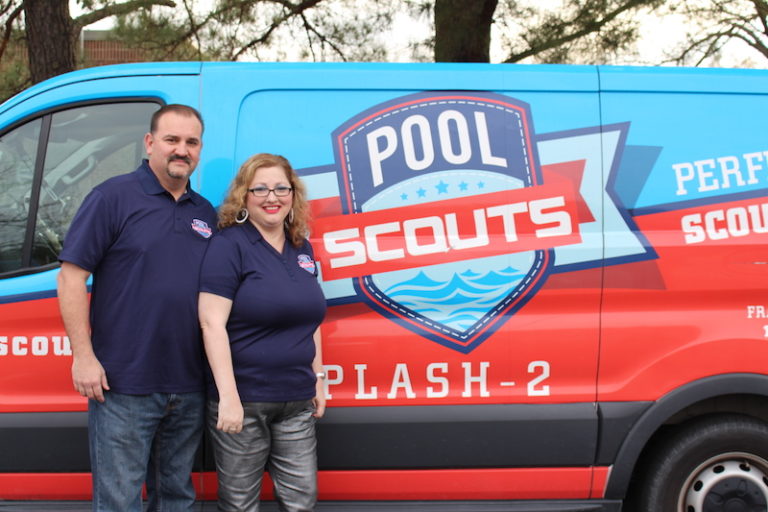 Pool Scouts owners standing by a Pool Scouts van