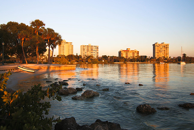 View of downtown Sarasota buildings with beach in the foreground