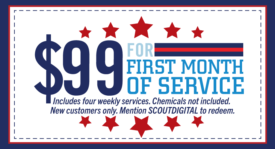 Coupon highlighting $99 first month of service pool cleaning special