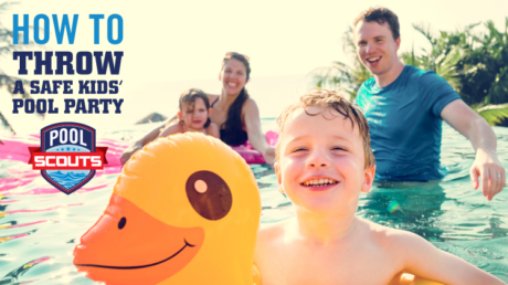 Family with kids in a pool smiling, with caption "How to throw a safe kids' pool party"