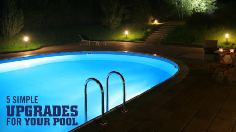 Pool at Night Time Lit Up with title overlaying picture
