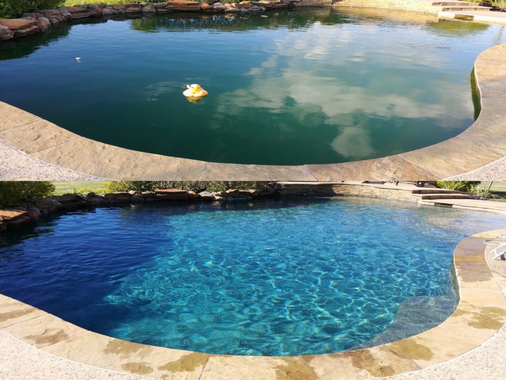 Before and after image of cloudy pool and clean pool