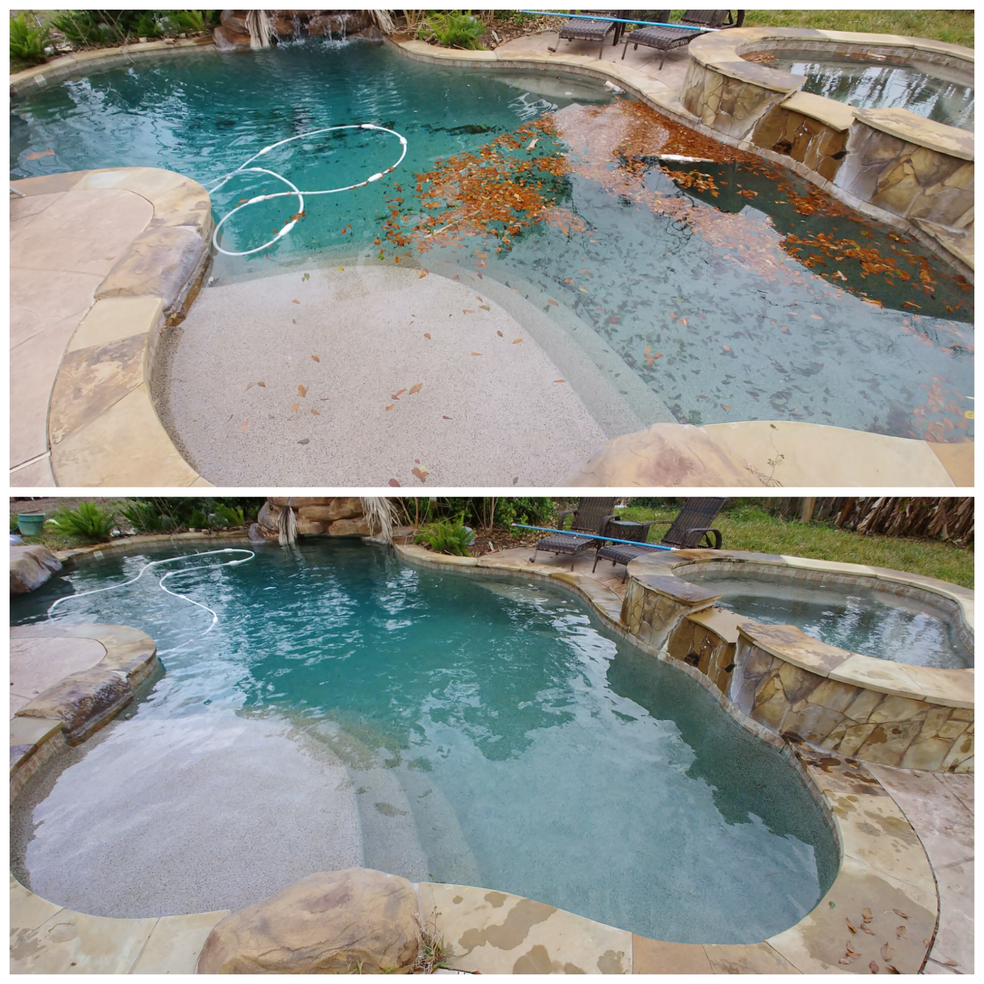 Before and after images from a swimming pool cleaning