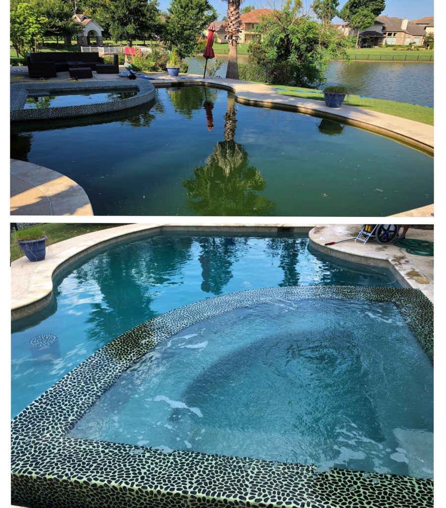 Before and after picture of a green cloudy pool and then a blue, clear pool