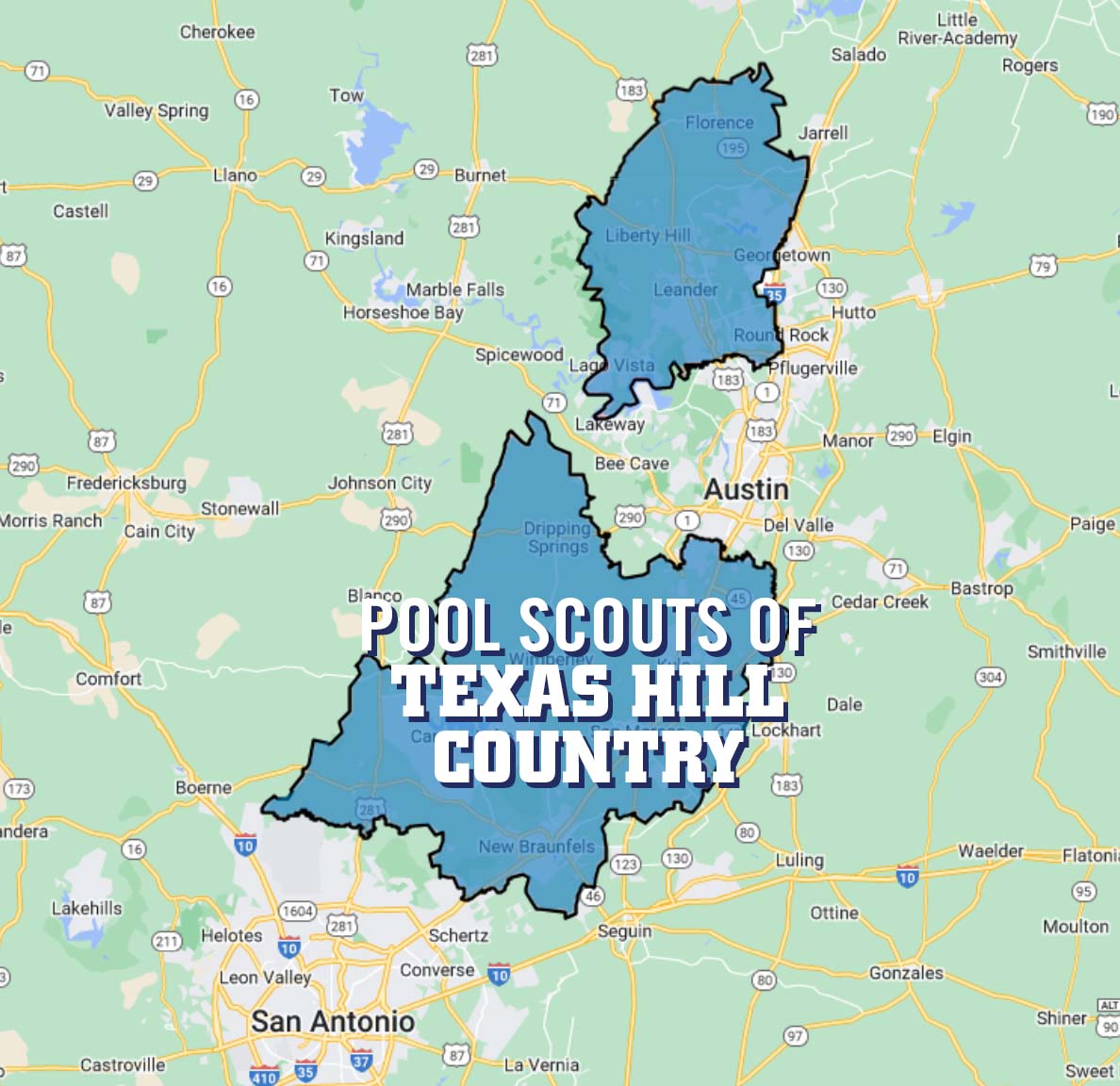 Map highlighting where Pool Scouts of Texas Hill Country provides pool service