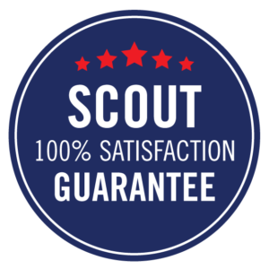 100% Satisfaction Guarantee blue logo with white letters and red stars