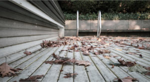 Pool deck in winter with leaves