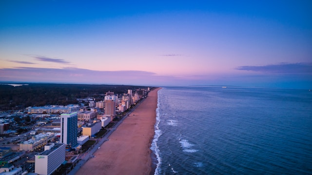 Aerial view of the Virginia Beach Oceanfront at sunset