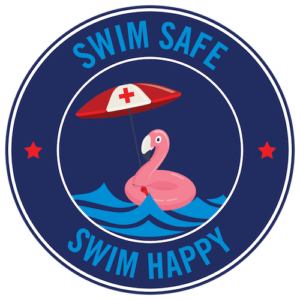 Water safety logo with a flamingo float and lifeguard whistle and umbrella