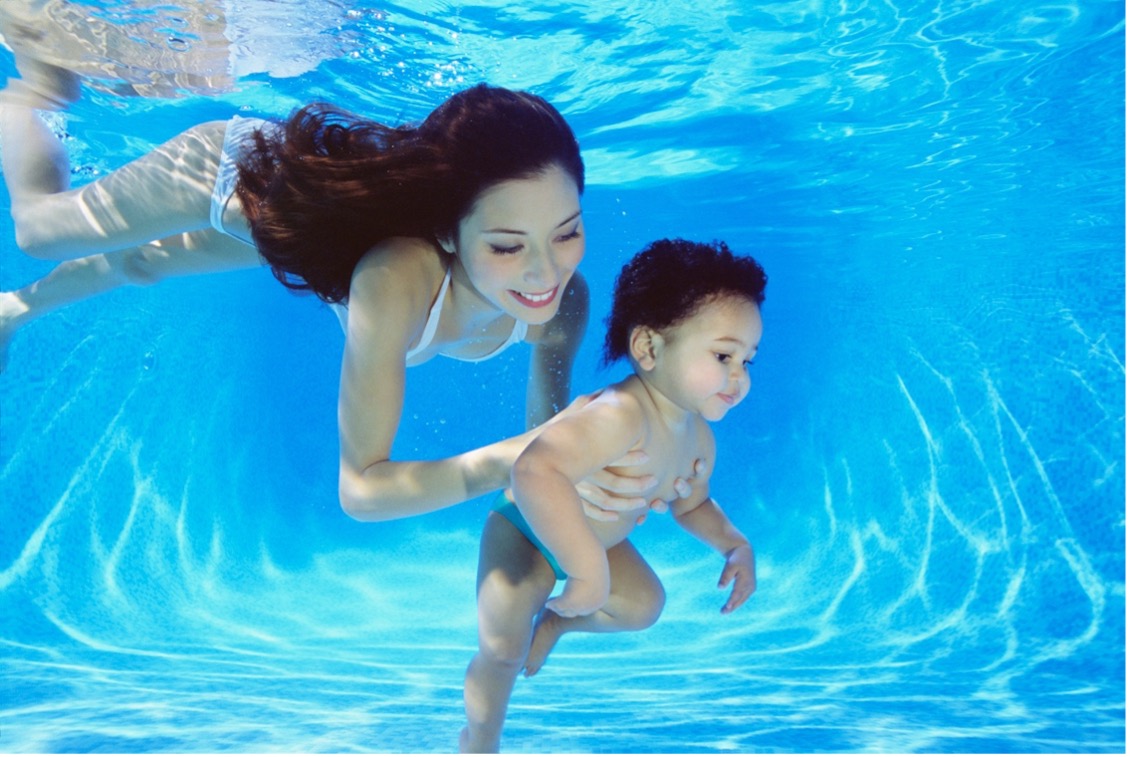 Underwater Photo of Mom & Son Swimming in a Pool