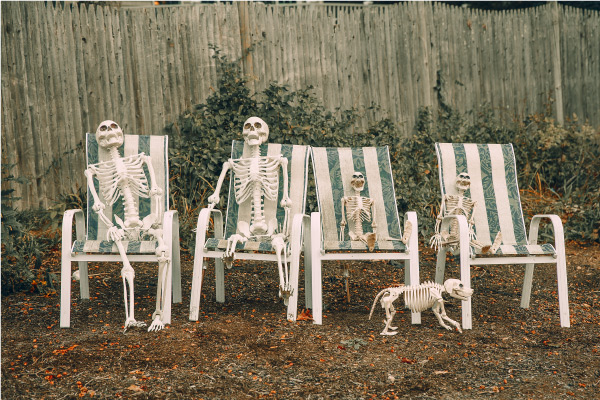 Skeleton family sitting in chairs in the backyard